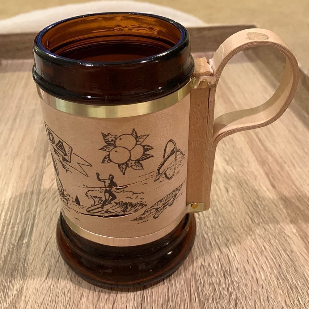 Vintage Florida Mug‎ Sun Destination Brown Amber Glass & Wood Beer Mug